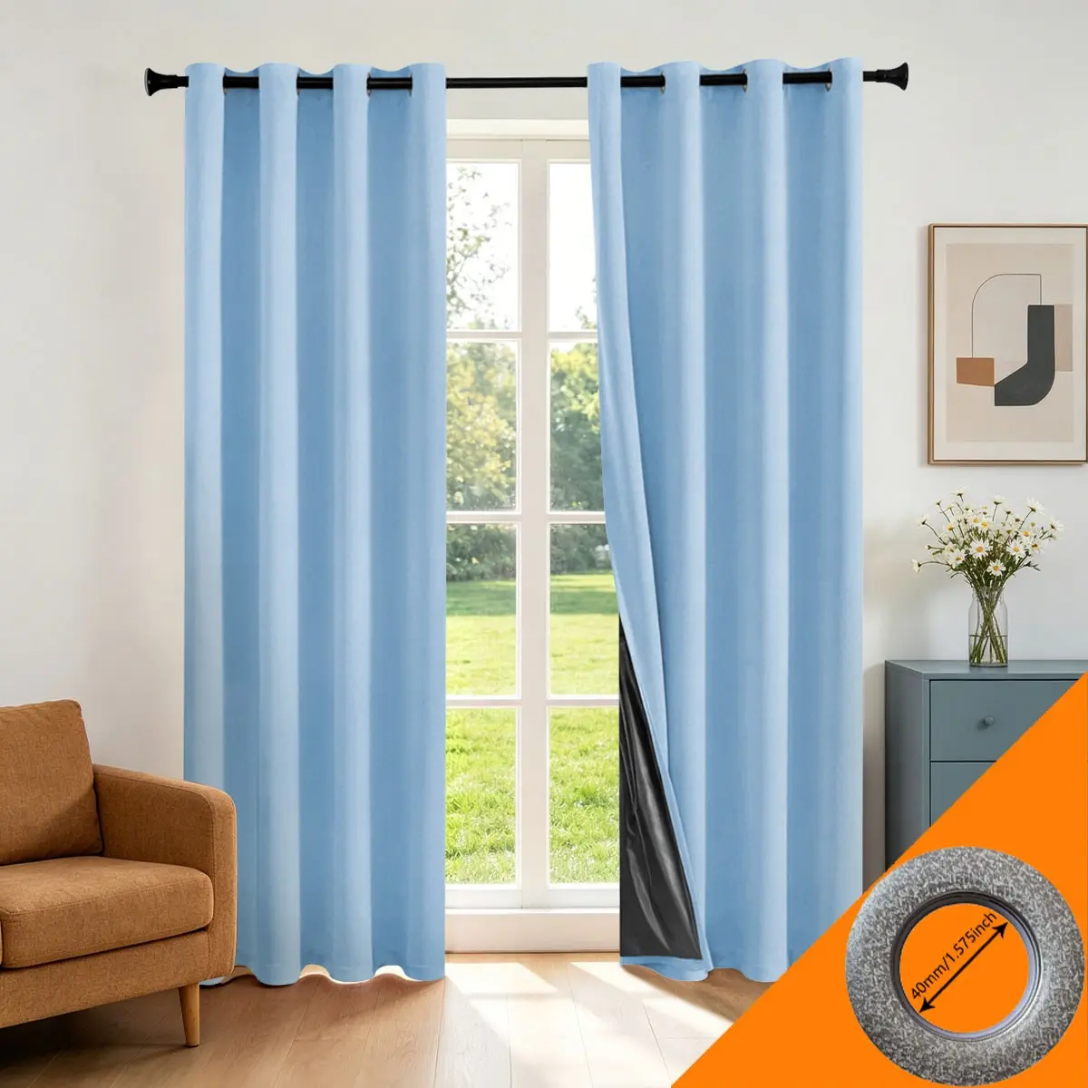 Sky Blue Full Blockout Curtains, Maroon Fresh Nordic Style, Thick Film, 100% Light Blocking, Insulated, Soundproof, Metal Grommets