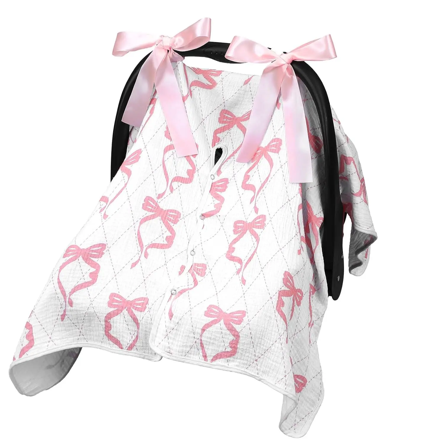 Pink Bow Muslin 2-in-1 Baby Car Seat Cover Breathable Multi-Use Nursing Cover Windproof Canopy for Breastfeeding Strollers CarriersGift