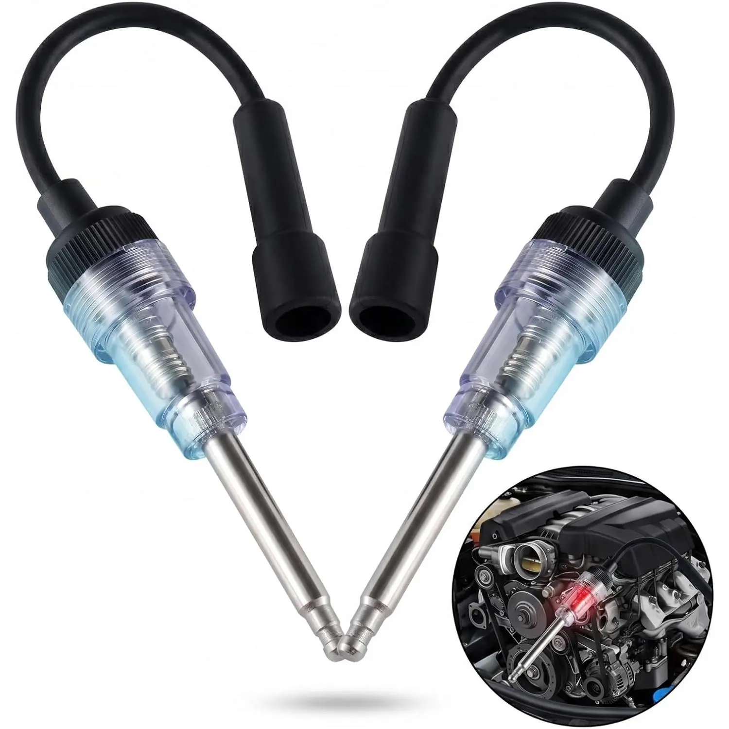 2-Count Pack Inline Spark Plug Tester, Straight Boot Plug-in Easy Direct Install Tool, Automotive Engine Diag. Spark Check Armature Diagnostic Detector for SUVs (Black)