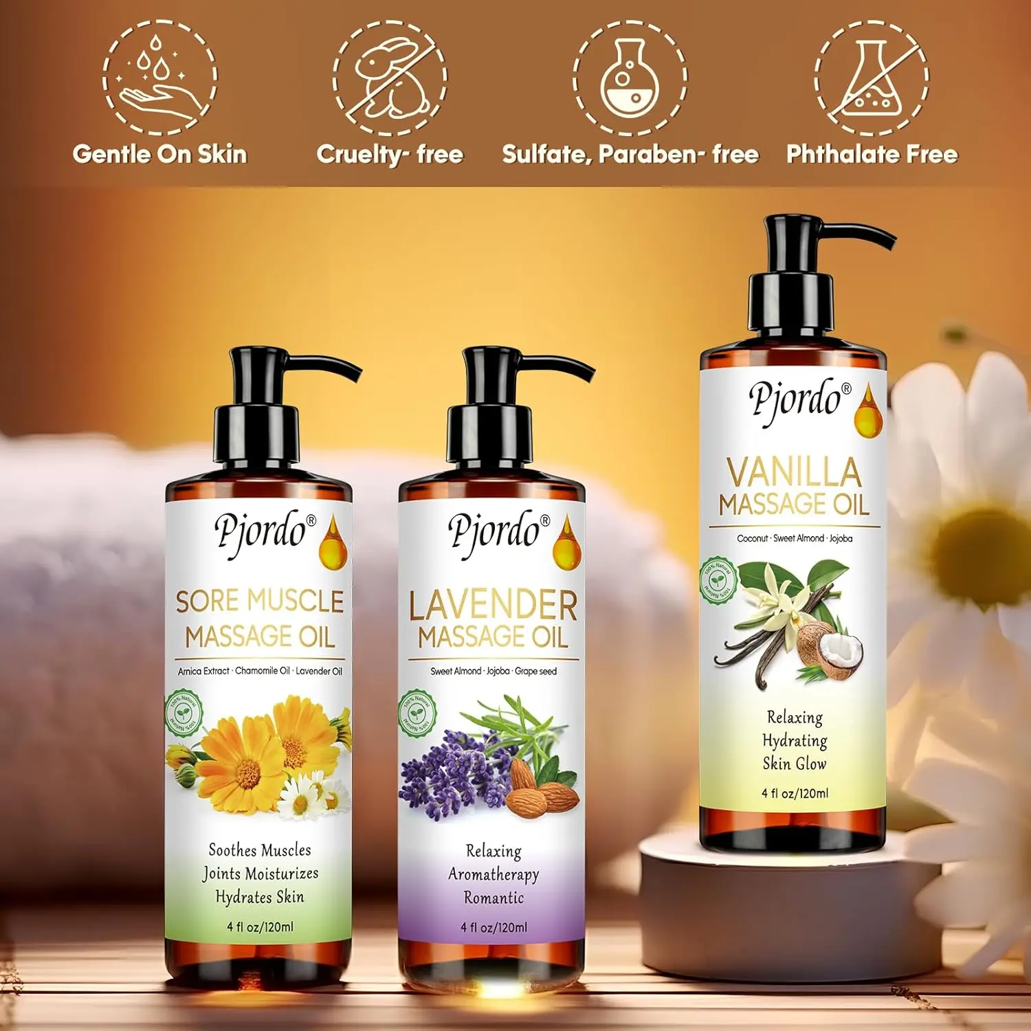 Full Body Massage Oil Vanilla Lavender Goldenseal Peppermint Moisturizing Hydrating 120ML, Aromatherapy Body Oil Ideal Skin Care Relaxation Choice