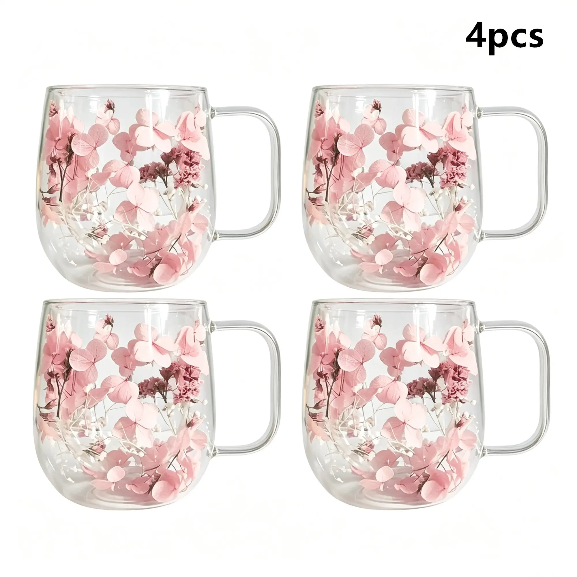 4-Piece Dual-Layer Glass Coffee Cup Set, Real Flower Design, Suitable for Coffee Milk Beverages, Hand Wash Only, Non-Lead Crystal Glass, Mug Sets