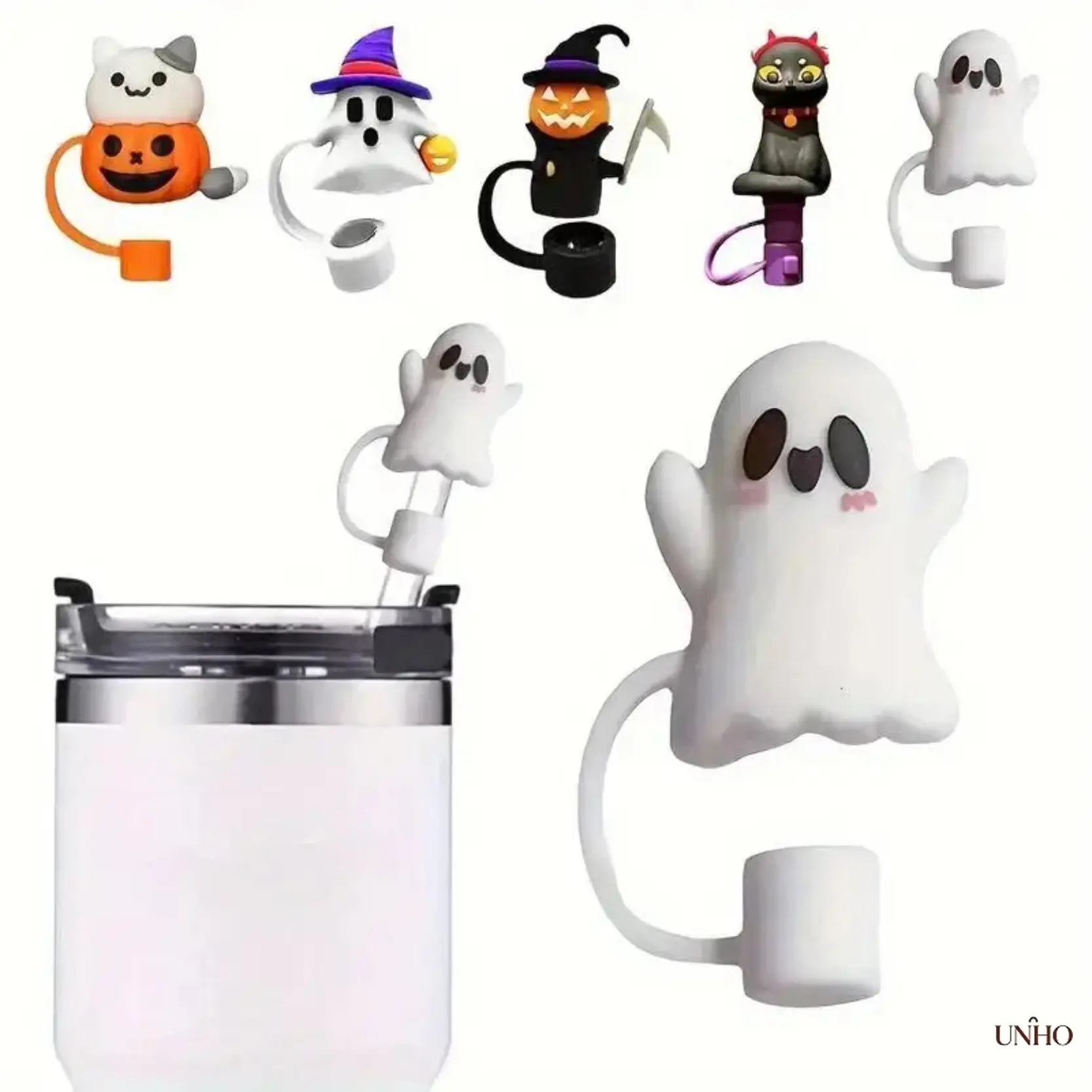 5Pcs Halloween Themed Silicone Straw Topper Set, Cute Ghost Pumpkin Black Cat Decor Straw Caps Fit 10mm Drinking Straws, Reusable Tumbler Straw Cover Charms For Halloween Party Decor & Daily Cup Matching