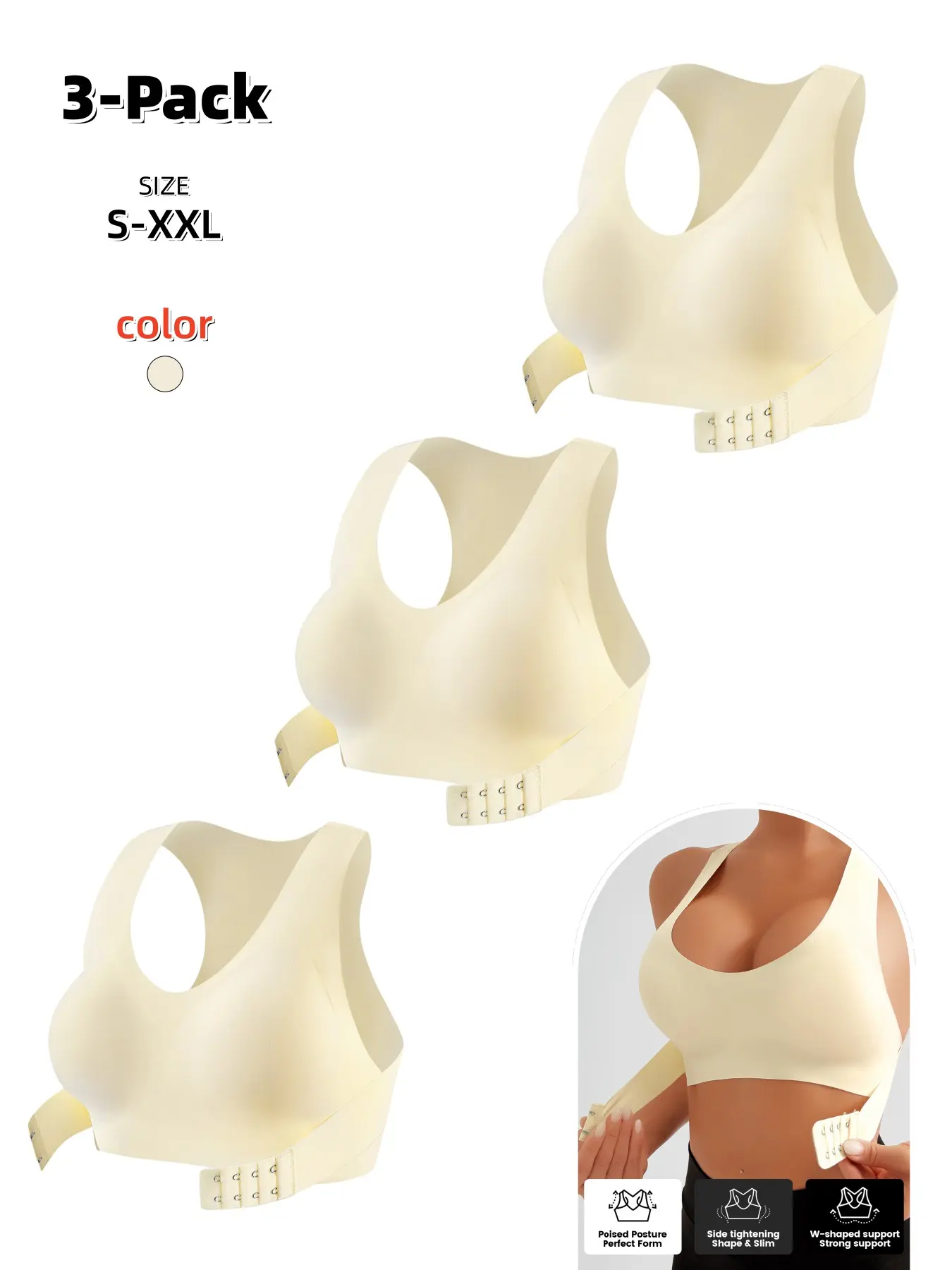 Women's Wireless Bra, Bralette, Wide Straps,Front-to-back closure design,Adjustable Buckle, Detachable Pads, High Elasticity, Soft Fabric, Suitable for All Seasons