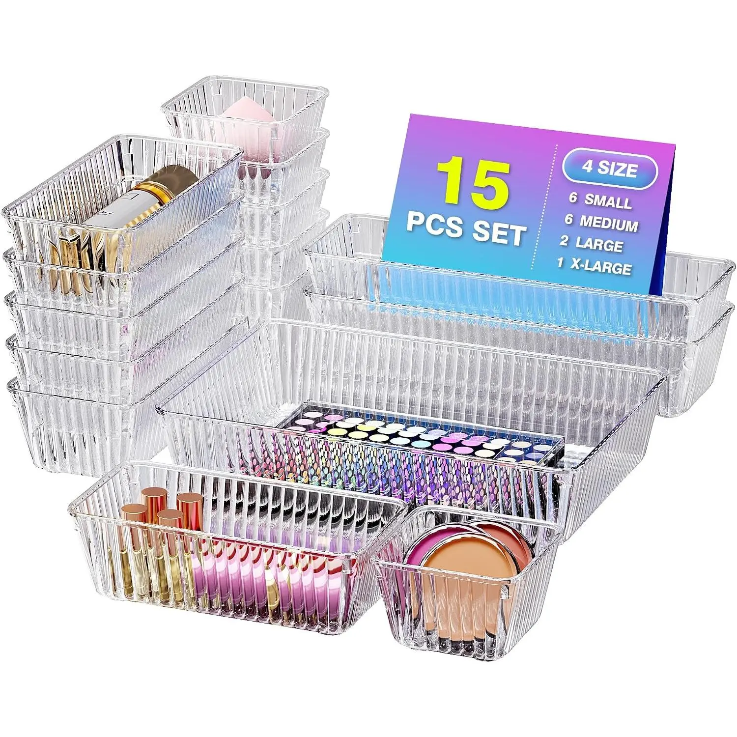 15 count Clear Plastic Drawer Organizer Set, Makeup Organizer Trays | 4-Size Desk Drawer Divider, Bathroom Organizers and Storage Bins for Makeup, , Gadgets, Office, Kitchen, Bedroom