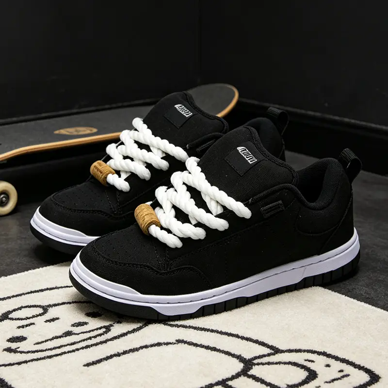 Black Suede Two Tone Skate Shoes Unisex Chunky White Rope Laces Black White Platform Sole Streetwear Casual Board Sneakers for Men Women Teens