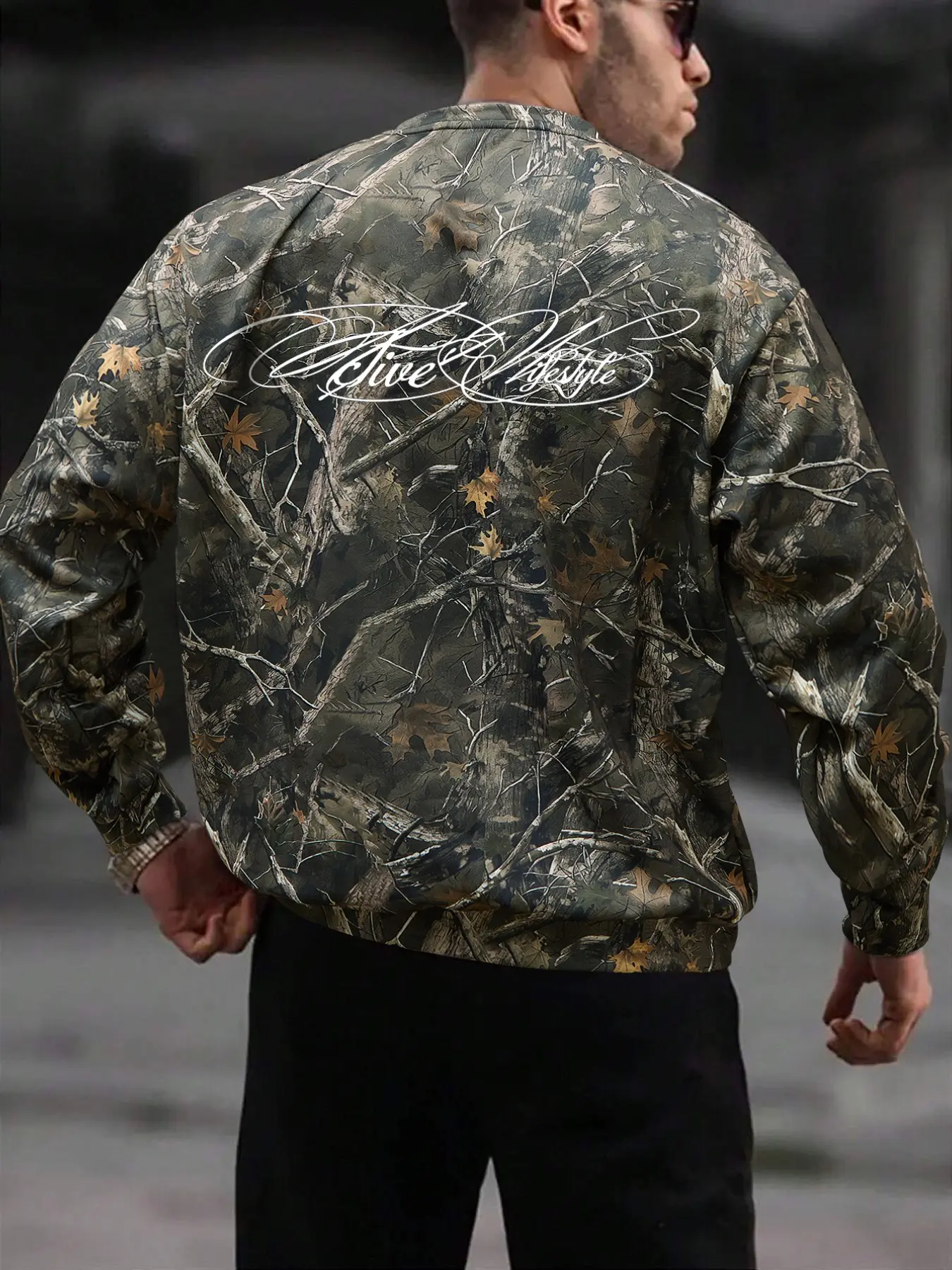 Vintage Y2K Men Forest Tree Camo Crewneck Long Sleeve Top Thin Woven Stretch Pullover Drop Shoulder Loose Fit With Handwritten Cursive Script Print On Back Wind Resistant, Breathable, Outdoor Camouflage Jersey For College Guys Back To School City Walk
