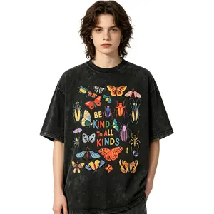 Trendy Washed Black "Be Kind To All Kinds" Insects Oversized Cotton Tee, Cute Colorful Butterfly & Bug Print, Loose Unisex Fit, Soft Vintage Fabric, Ideal for Casual Summer Wear, Aesthetic Cottagecore & Nature Lover Tee