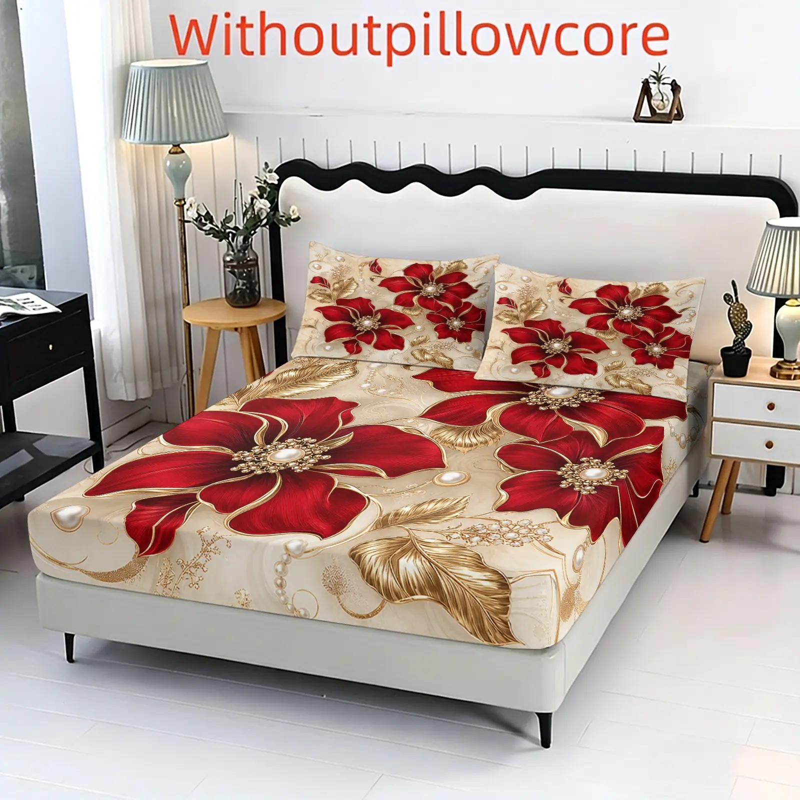 3pc Red Gold Pearl Flower Print Bed Cover Set, including 1 bed cover and 2 pillow covers. Does not include pillow core. Deep pocket design. Suitable for single, double, and extra-large double beds. Ideal gift for friends on special occasions.