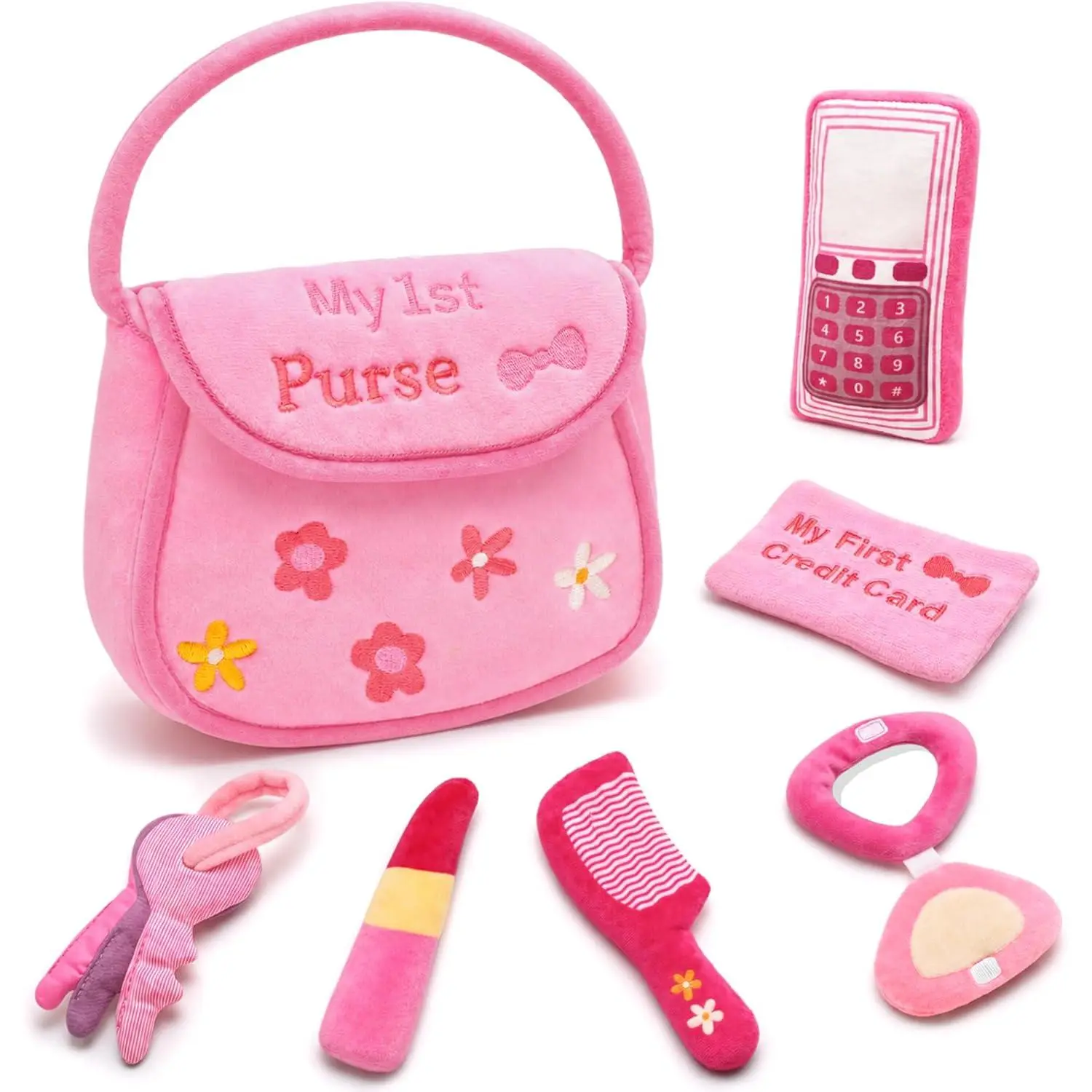My First Pink Purse Plush, Baby Purse Set with 6 Pcs Makeup Plushies for Toddlers, First Birthday Gifts for Girls