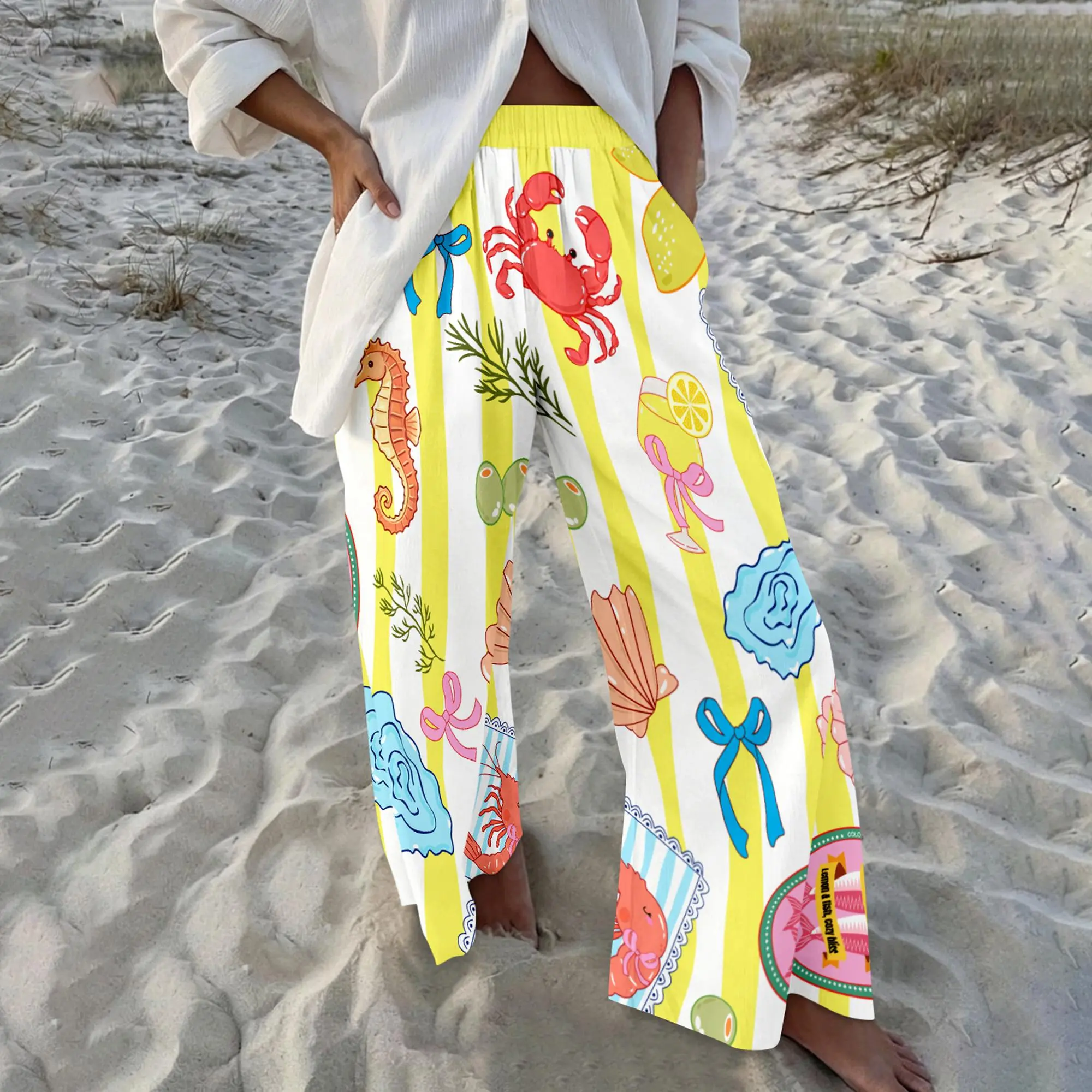 Summer Ocean-themed Printed Pants, Elastic Waistband, Yellow and White Striped Color-blocking Design, A Must-have for Vacations.,back to school shopping