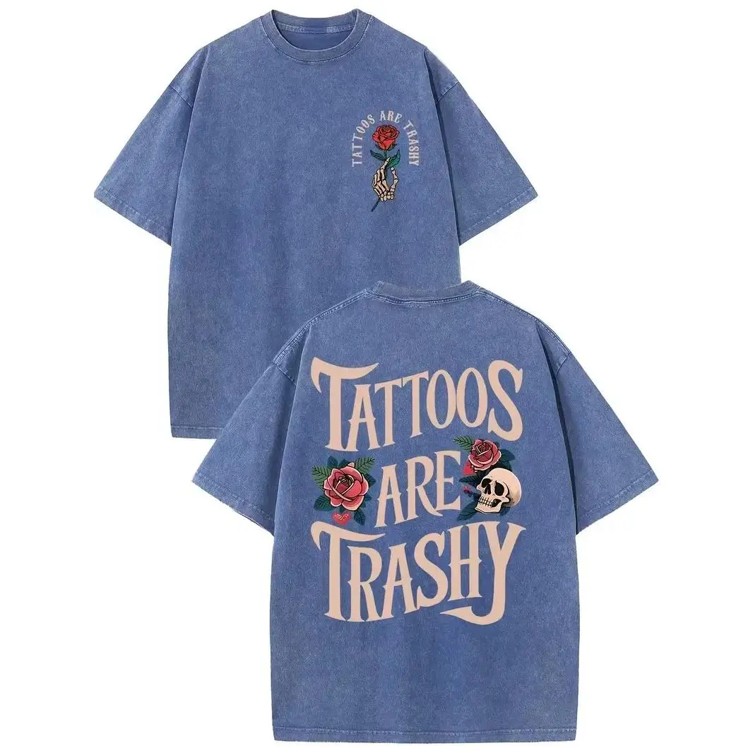 Vintage Washed "Tattoos Are Trashy" Double-Sided Graphic Tee |   230gsm Heavyweight Streetwear, Unisex Drop Shoulder Crew Neck Cotton Casual Top for Men & Women, Retro Loose Short Sleeve Summer Daily Outfit