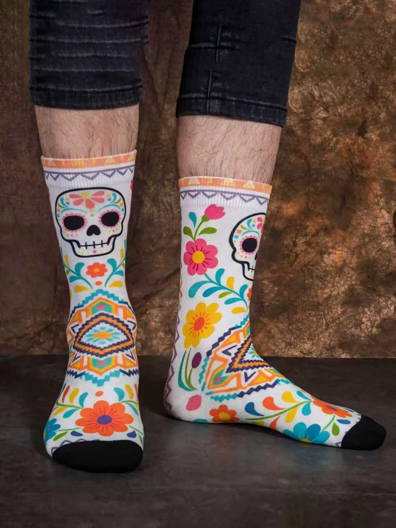 3 Pairs Mexican Day of the Dead Candy Skull Print Crew Socks, Ethnic Rainbow Stripe Floral Geometric Casual Mid-Calf Socks