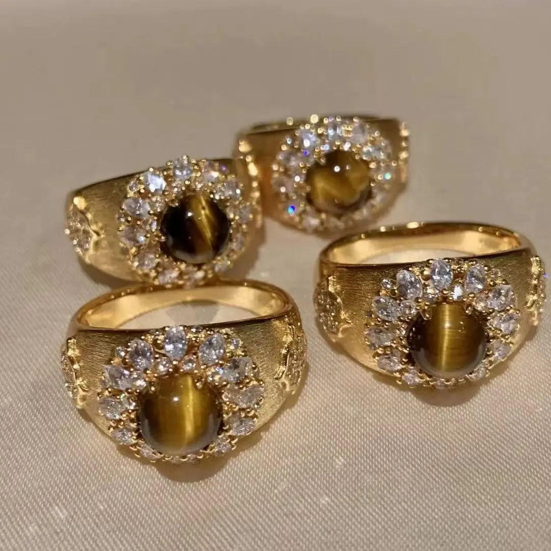 New retro brushed natural tiger's eye stone ring, light luxury, high-end, stackable, super sparkling, micro-paved, wide version, index finger ring promise ring elegant everyday fashion style boho adjustable open romantic gift queen