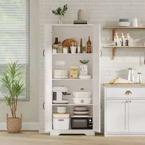 Large Deep Storage Farmhouse Pantry Cabinet 60", Rustic Wood Kitchen Cupboard Equipped with 4 Doors and 3 Height Adjustable Shelves, Multipurpose Storage Furniture for Kitchen & Dining Room