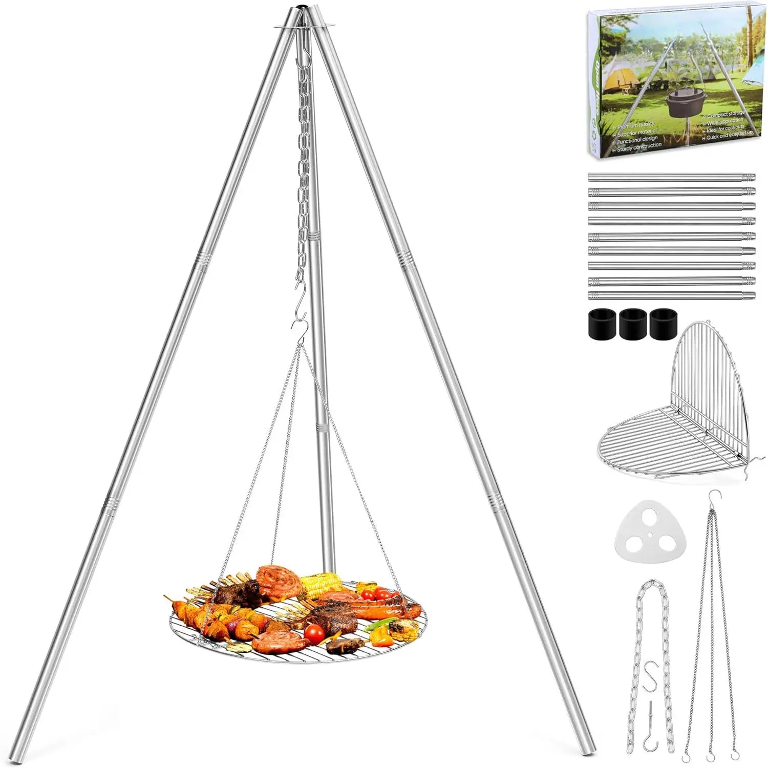 Openwork Campfire Tripod Grill Grate (17in Dia), Heavy-Duty Stainless Steel Over-Firepit Rack, Adjustable Height Outdoor BBQ Gear (No, No Warning Applicable)