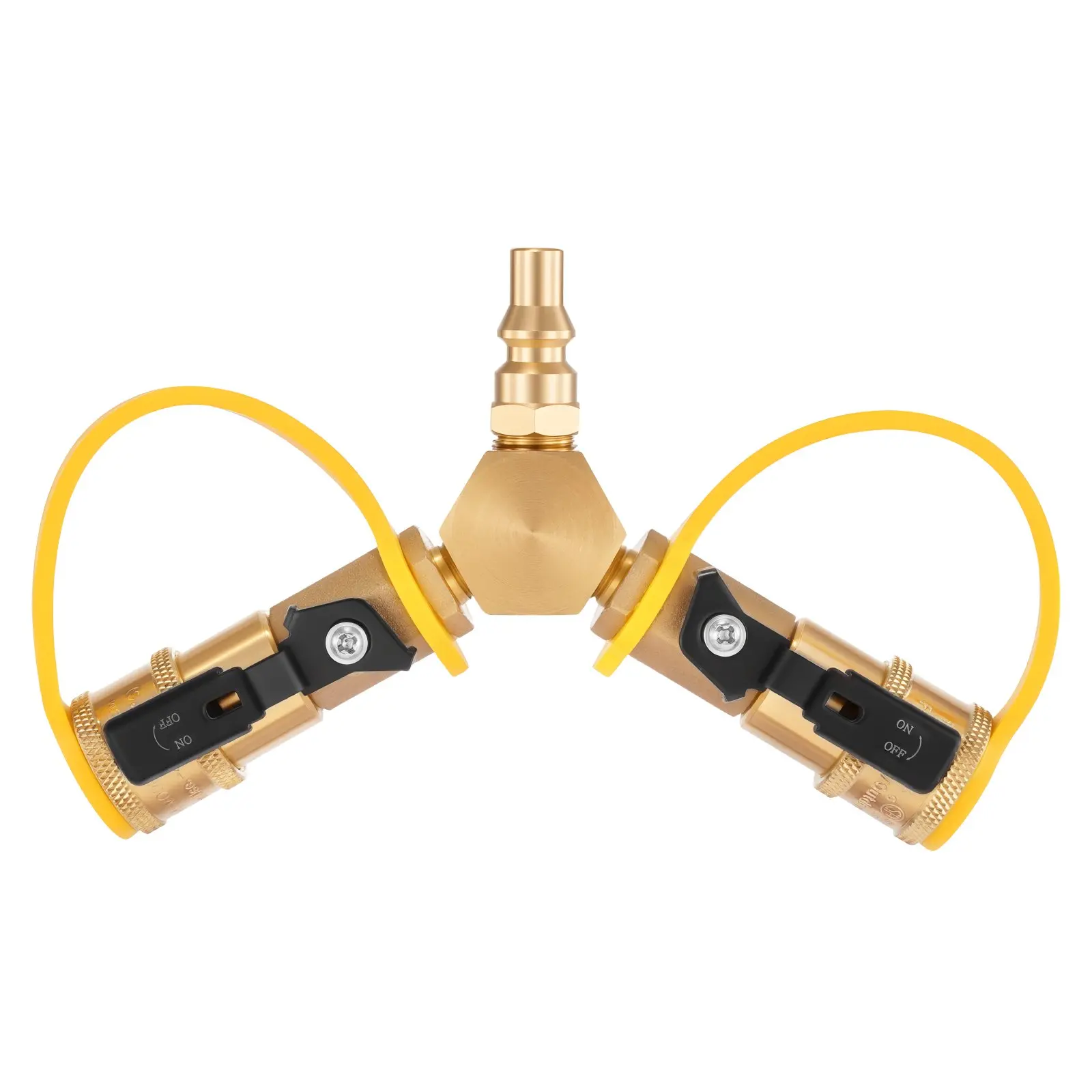 【toolupgrade】VEVOR Solid Brass Y-Type Propane Quick Connect Splitter Adapter with Shut Off Valve, 2-Way 1/4 in Quick Disconnect Kit for Outdoor High Heat Resistant Natural Gas RV Users’ Trailer, Tabletop Camping Grill