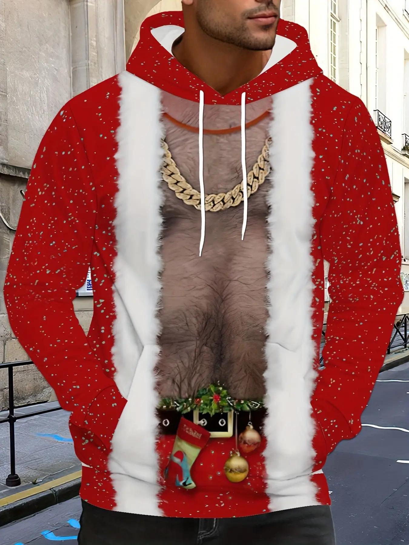 Fake chest hair & gold chain, super eye‑catching Xmas hoodie