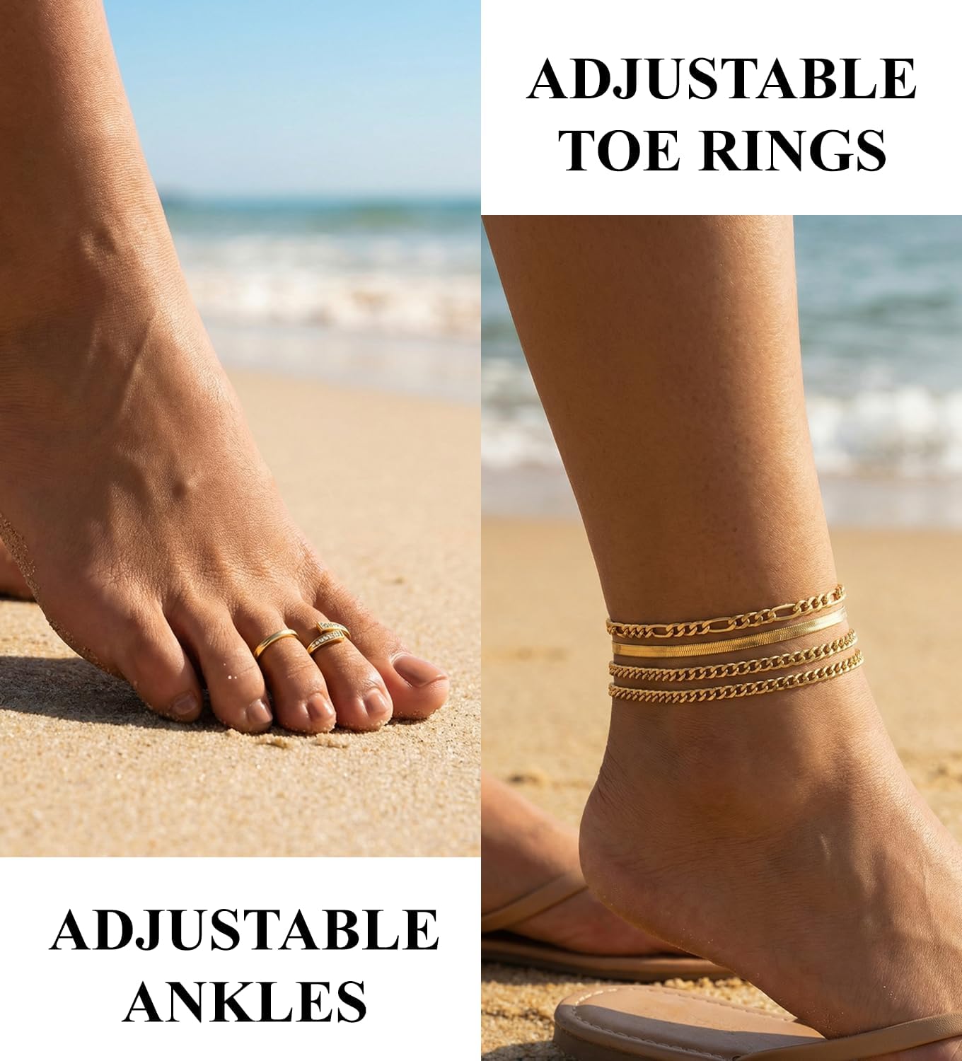 13Pcs Toe Rings and Ankle Bracelets for Women Silver Gold Layered Anklets Chain Adjustable Open Tail Toe Ring Beach Foot Jewelry for Summer