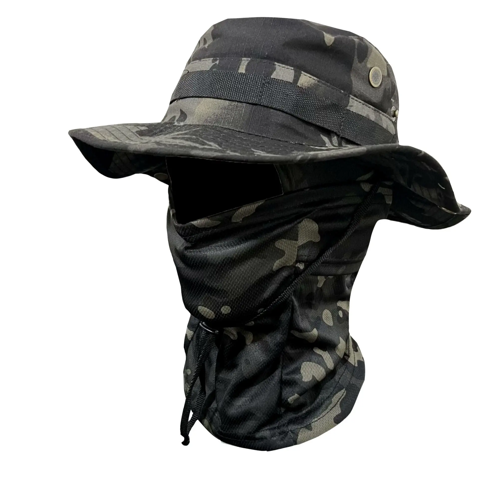 UPF50+ Camo Boonie Bucket Hat with Balaclava Face Mask Set, Outdoor Fishing Cap, Wide Brim UV Protection Breathable Mesh Vented Adjustable Sun Hat, Full Face Neck Cover Wind Dust Proof for Men Fishing Hiking Camping Hunting Cycling Outdoor Work