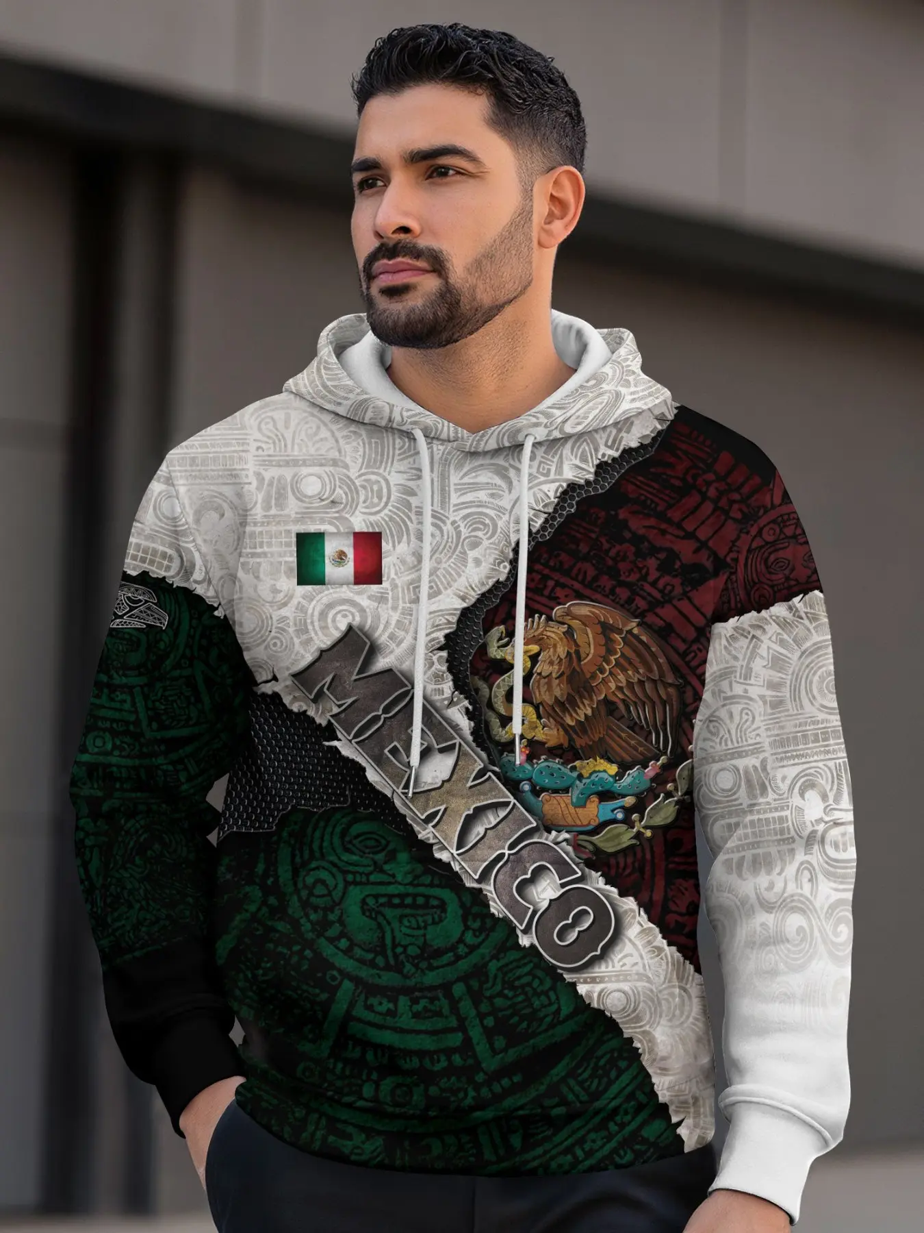 Men's Mexican Eagle Snake Flag Hoodie, Aztec Print Casual Loose Fit, All Seasons Streetwear, Ethnic Style Pullover for Latin Diaspora