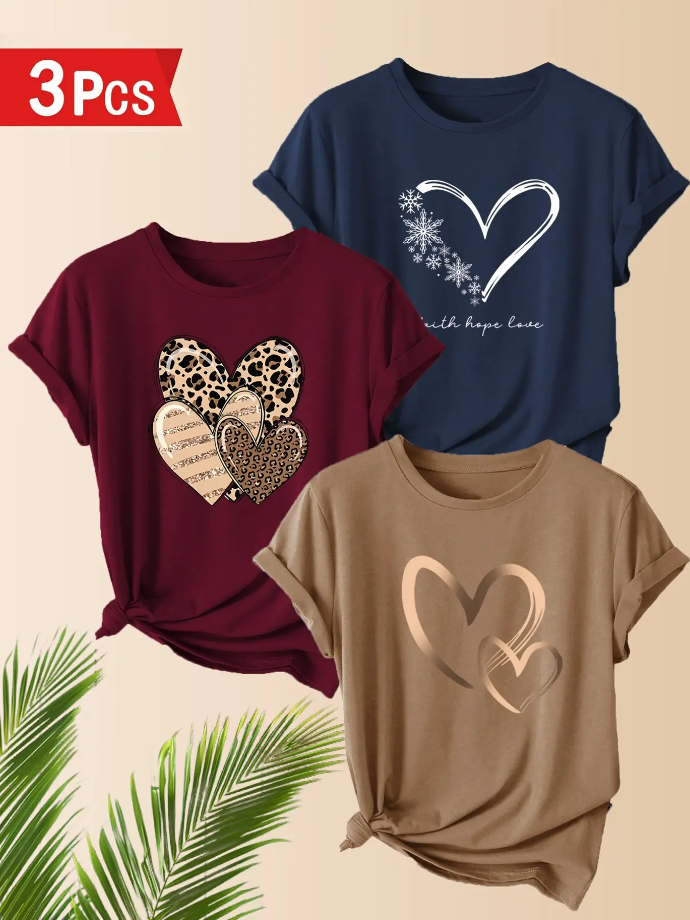 3-Pack Women's Casual T-Shirts, Leopard Heart Print, Polyester, Round Neck, Short Sleeve, Comfortable for Spring & Summer