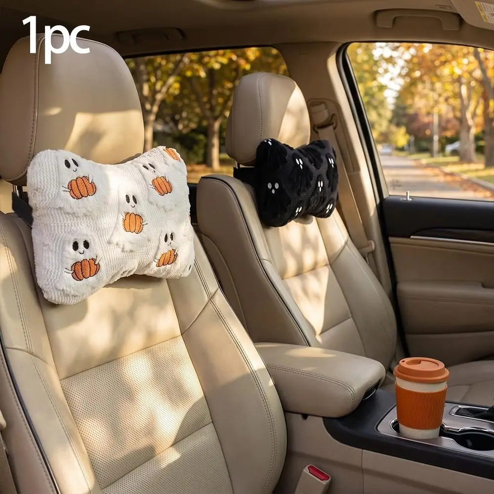Cute Ghost Pumpkin Plush Head Pillow, 3D Embroidery, Soft Comfortable, Fashionable Automotive Accessory, Halloween Gift Decoration,1pc,Car Interior Accessoriesfor Women & Girls