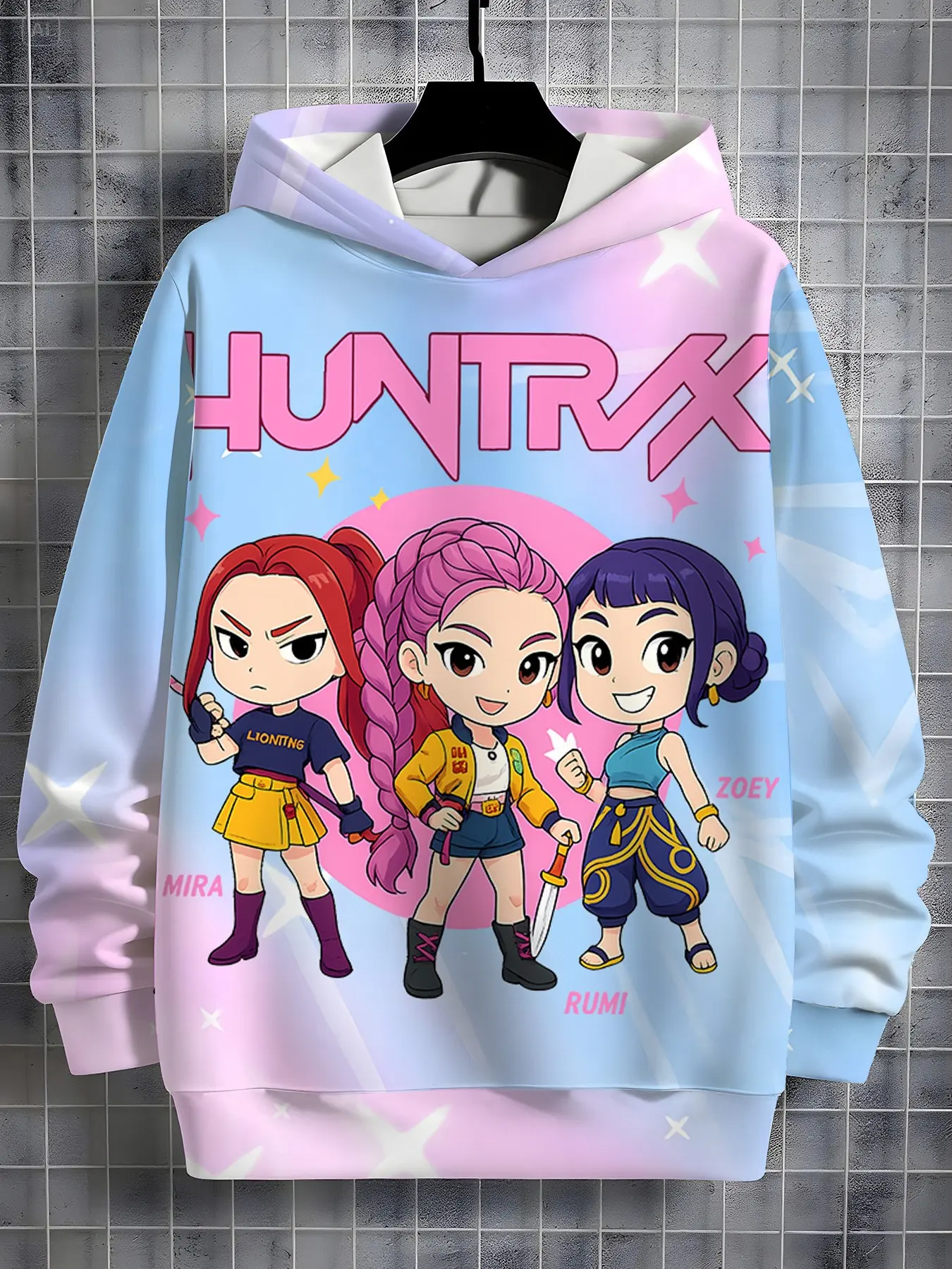 Anime Girl Full Color 3D Print Hoodie for Girls, Blue Gradient Starlight, Long Sleeve Casual Sweatshirt for Spring & Fall