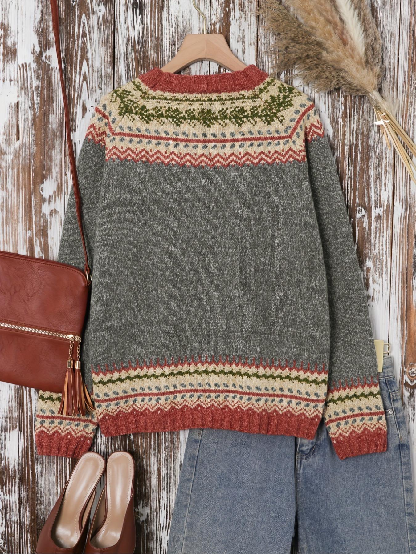Women's Ethnic Pattern Raglan Sleeve Sweater, Casual Long Sleeve Round Neck Jumper for Fall & Winter, Fashion Ladies' Knitwear for Daily Wear Tops, Womenswear