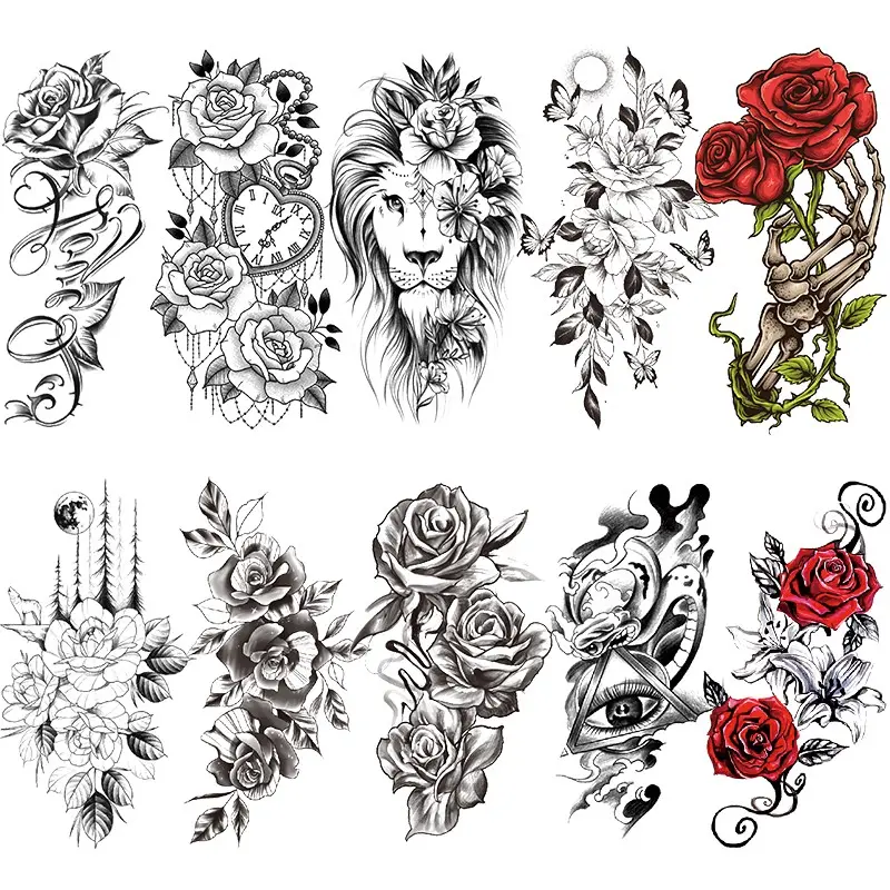 10 Pcs Rose Flower Temporary Tattoos for Women, Sexy Snake Lion Butterfly Floral Tattoo Stickers, Long-Lasting Body Art for Beach Parties