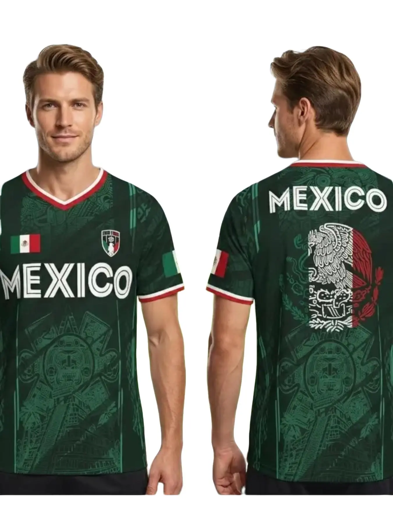 Mexico Theme Football Jersey, Front Mexico Text & Flag Emblem, Back Eagle & Aztec Sun Stone Totem, Perfect for Games, Culture, Training, Daily Wear