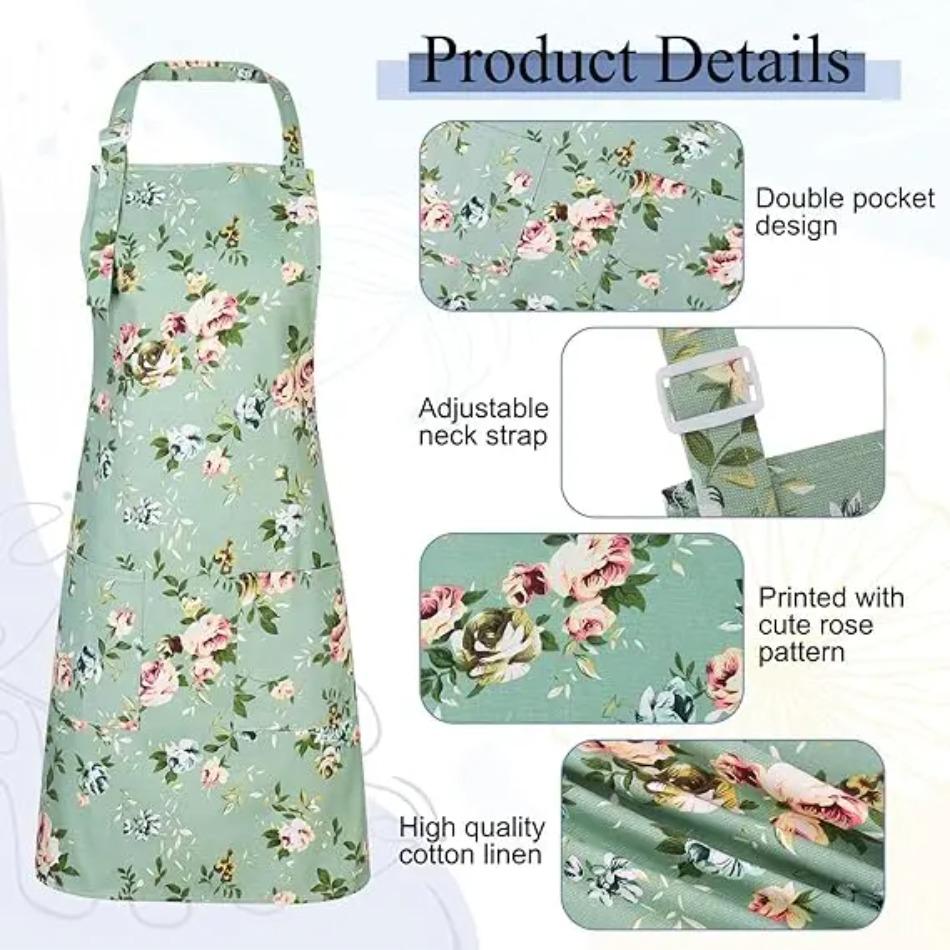 3-Pack Vintage Floral Canvas Kitchen Aprons with Roomy Pockets, Adjustable Neck & Waist Strap Cooking Aprons for Women & Men, Stylish Retro Floral Print Bib Apron for Home Cooking, Baking, Grilling, BBQ, Gardening & Daily Kitchen Use