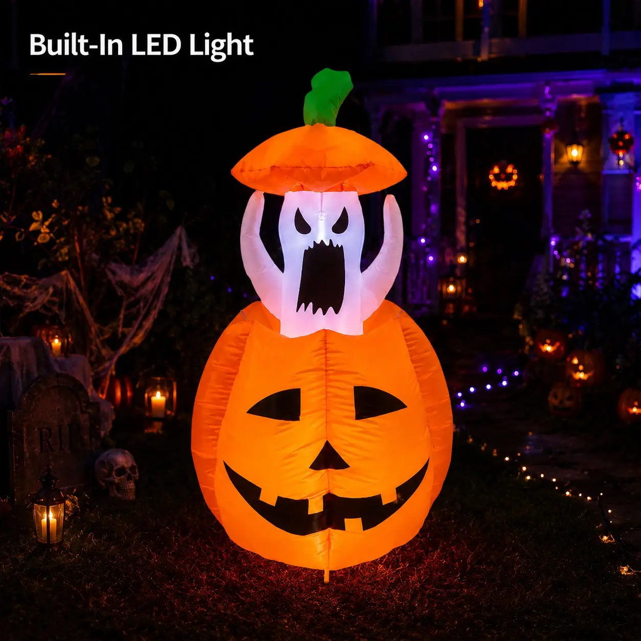 1.2m Halloween Inflatable Pumpkin Ghost Decor with LED Lights, Moving and Adjustable, Outdoor Party Horror Props, Night Glow, Home & Commercial Use
