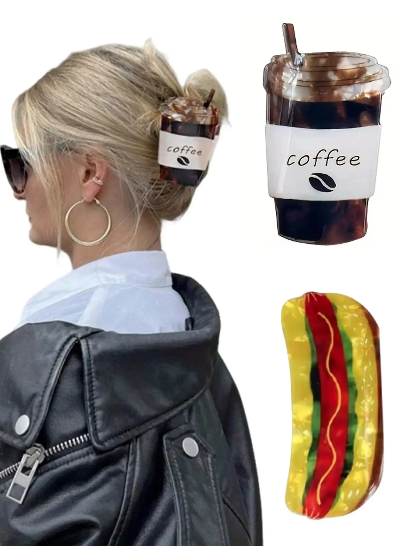 2PC Elegant and Fun Hair Claw - Hamburger Coffee Chocolate Design, Women's Fashionable Accessory, Large Size Suitable for Daily Wear and Outdoor Activities, Food-Themed Hair Clip, Bright Colors, Essential for Style Enthusiasts