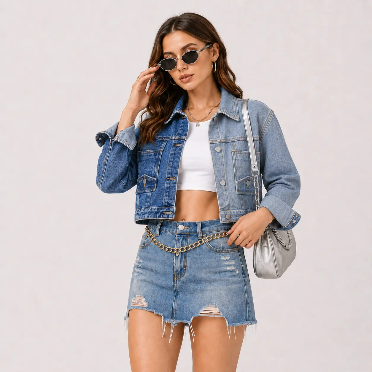 Women's Two-Tone Cropped Denim Jacket, Vintage Washed Colorblock Patchwork Jean Coat with Contrast Utility Pockets, Long Sleeve Button-Front Casual Streetwear Outerwear for Spring, Fall & Winter Layering
