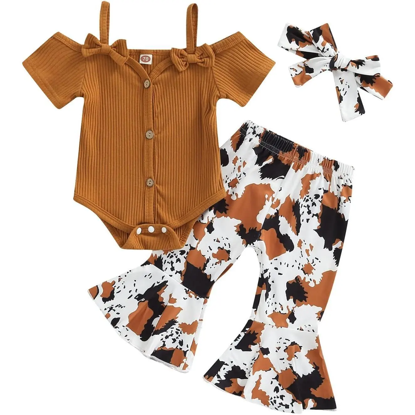 Toddler 2-Piece Bodysuit Outfit, Long Sleeve Ribbed Knitting Bodysuit with Front Tie and Animal Cow Print Bell Bottom Pants, Baby Clothing, Animals, Cow Print Pants, 2 - 3 Years, Rib-Knit, Cpsia Labeled, Bodysuit Clothes, Fun Themed Bodysuits