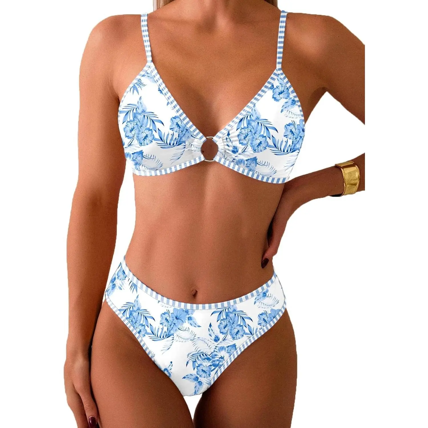 Women's Floral Printed Triangle Bikini Set O-Ring Linked Two-Piece Cheeky SwimsuitGift