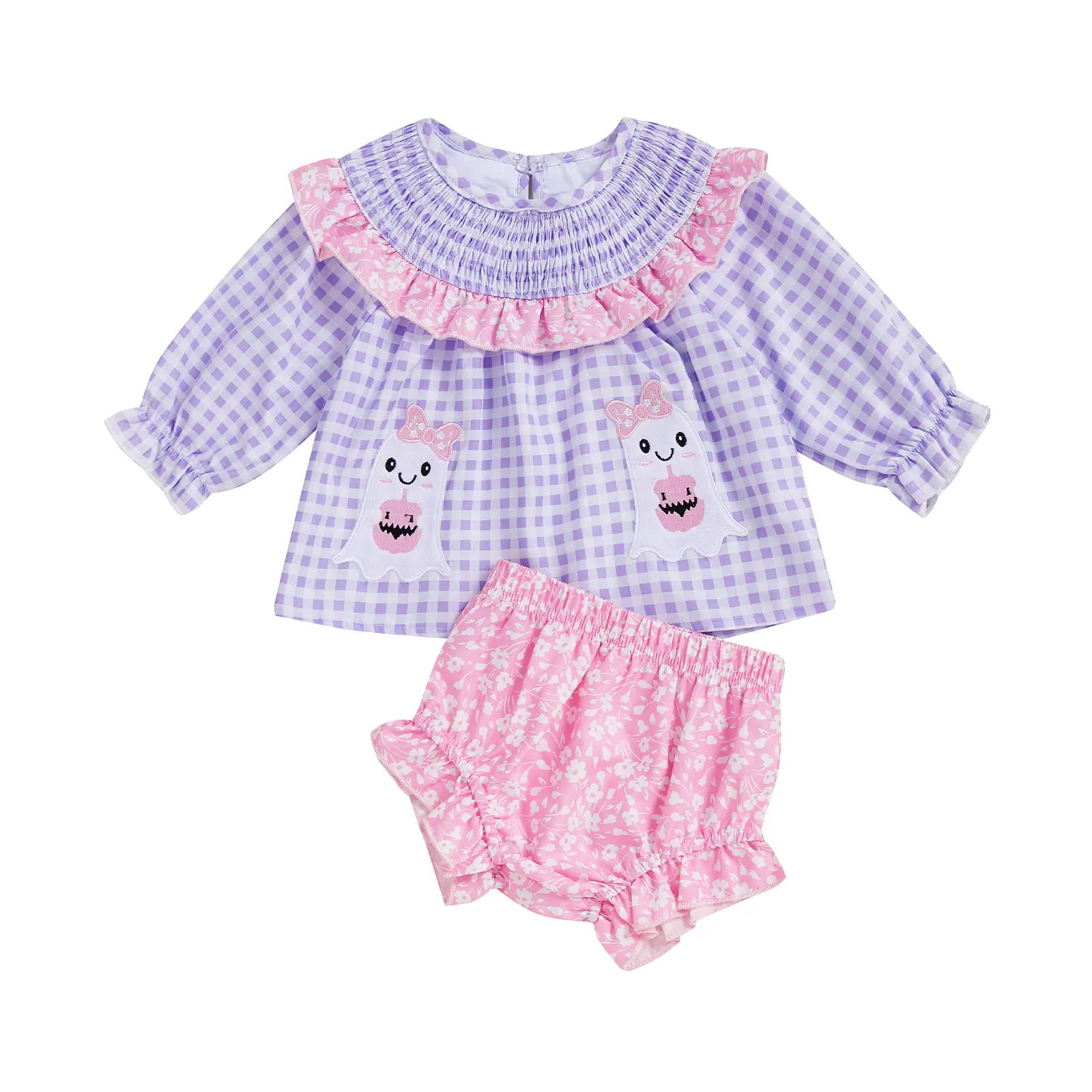 Halloween Baby Girl Outfits Ghost Pumpkin Plaid Ruffle Tank Tops Bloomer Shorts Set Toddler Halloween Clothes