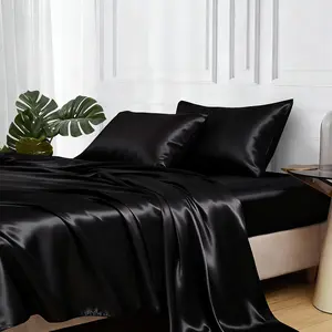 Satin Bed Sheets, Queen Size Sheets Set, 4 Pcs Silky Bedding Set with Elastic Corner Straps and 15 Inches Deep Pocket for Mattress (Queen, Black)