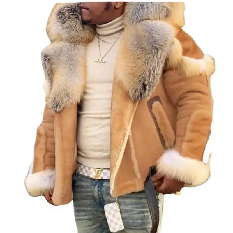 Material Upgrade Thickened Domestic Wearable Quality Men's Faux Leather Velvet Large Fur Collar Long Sleeve Jacket 6516