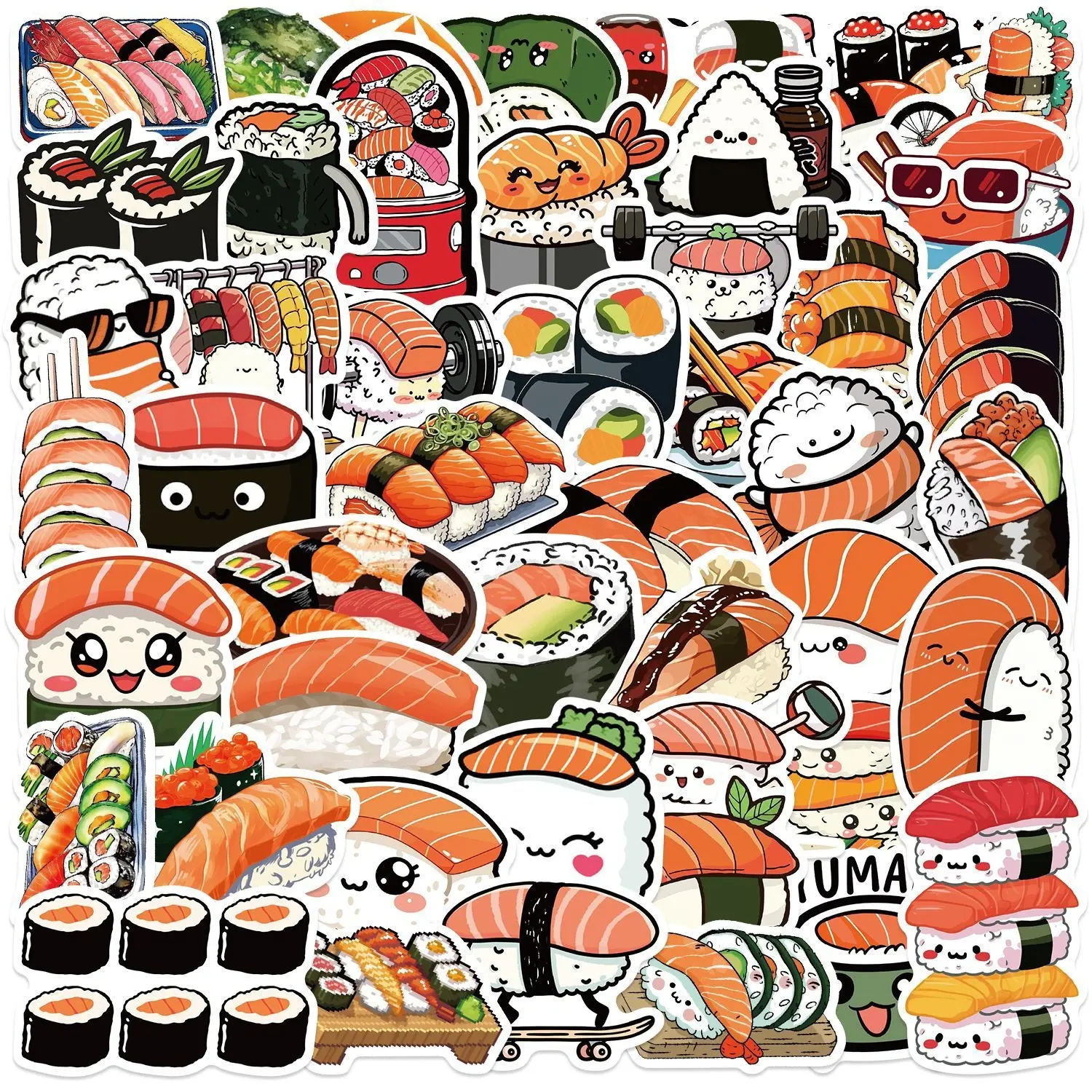 50 Cute Sushi Stickers for DIY Decoration, Cartoon Handmade Journal Stickers, Guitar Notebook Luggage Planner Decorations