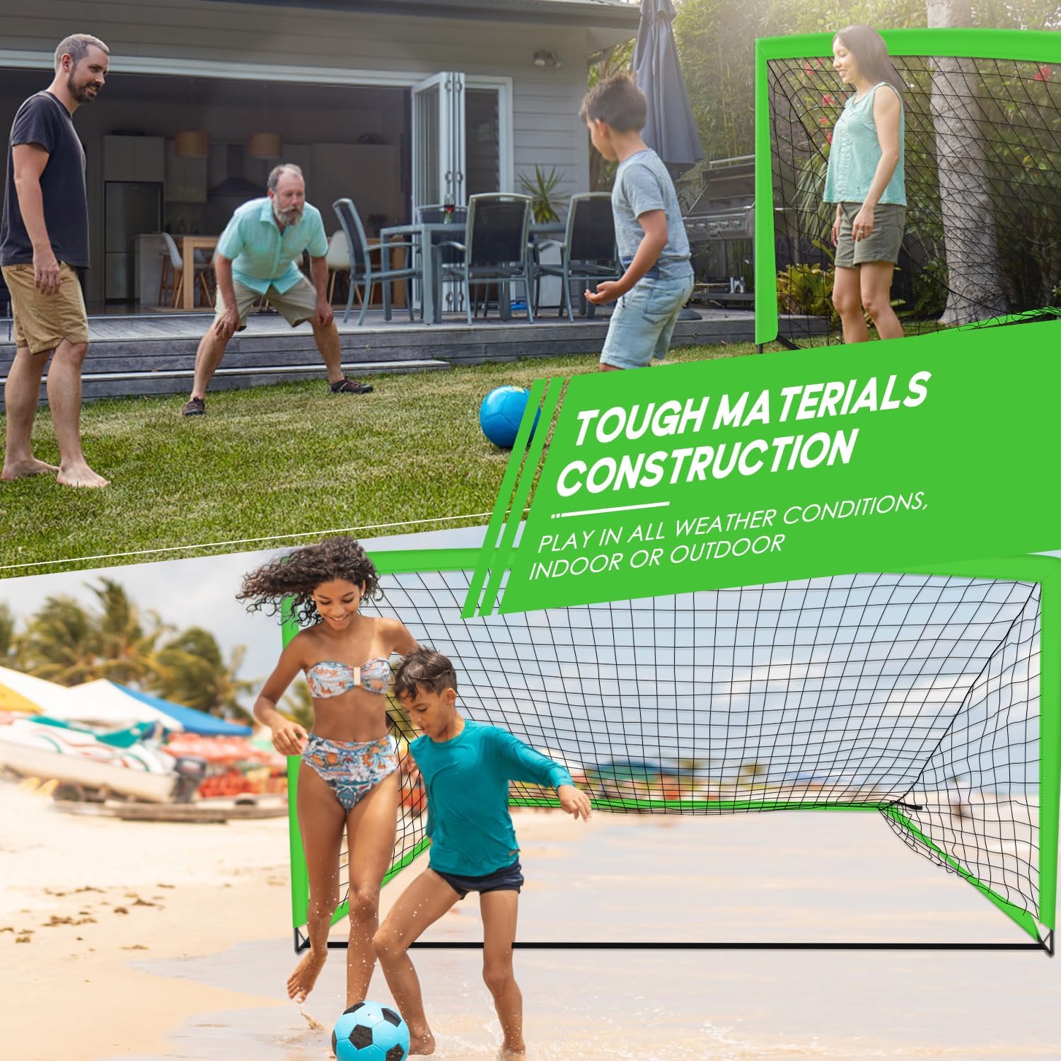 Portable Soccer Goal 9x5ft/6x4ft/4x3ft with Stakes - Green for Backyard, Indoor & Outdoor Use