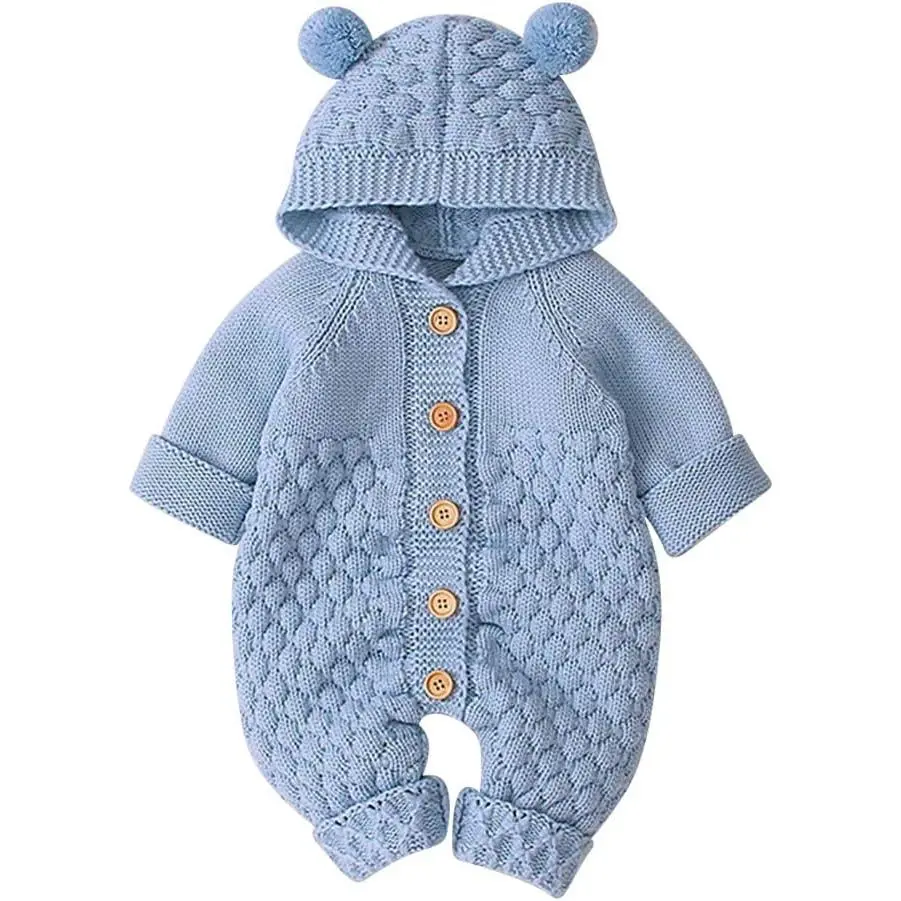 Unisex Baby Knitted Hooded Long Sleeve Romper - High-Quality Solid Regular Fit, 0-6 Months Below-the-Knee Warm Bodysuit 1-Piece with Warmth & Reliable Service