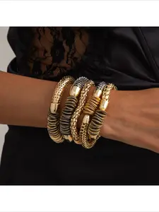 Retro Mixed Metal Multi Texture Bangle Set Stackable Bold Bracelets For Women Street Style