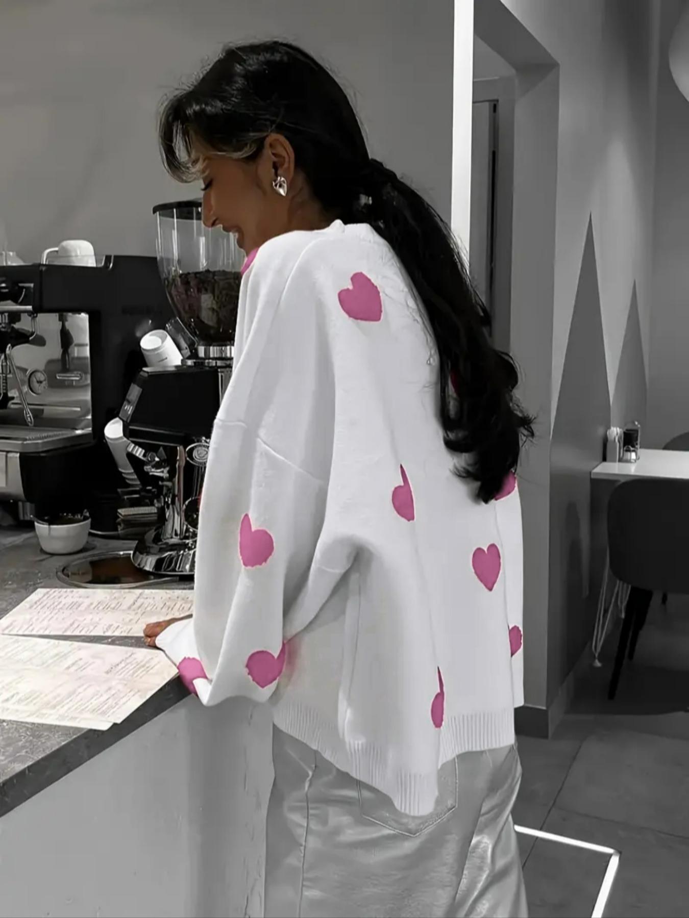 Women's Loose Fit Heart Pattern Drop Shoulder Sweater, Casual Long Sleeve Round Neck Knit Top for Spring & Fall, Fashion Ladies' Knitwear for Daily Wear, Womenswear