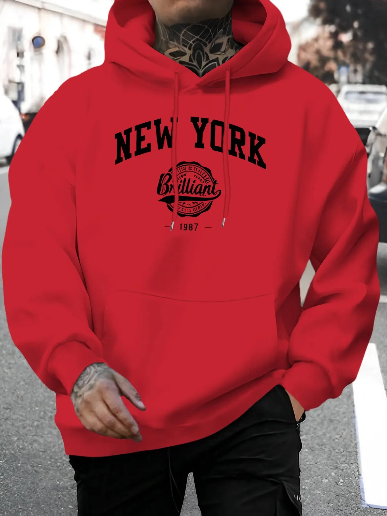 American Vintage New York Letter Hoodie, 1987 Stamp Print Casual Pullover Hooded Sweatshirt, Loose Fit Kangaroo Pocket, Soft Fleece Fabric, Unisex Fall Winter Streetwear