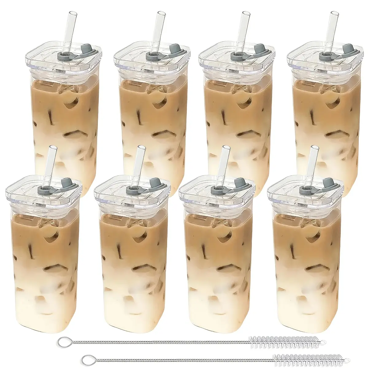 4/8 Pack Square Glass Cups with Lids, 13oz Glass Coffee Mugs with Straws, BPA-Free, Great Gift for Cup Collectors, Perfect for Home, Office, School & Outdoor Use, Ideal for Wedding, Comes with Cleaning Brush
