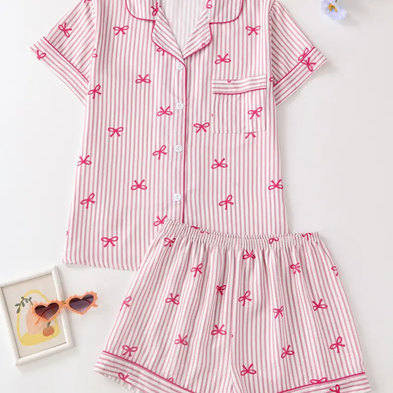 Two-Piece Striped Bow Print Pajama Set, Collared Button Short-Sleeve Top and Loose Comfortable Shorts, Sweet Gentle Cute Women's Sleepwear, Lounge Sleep Set