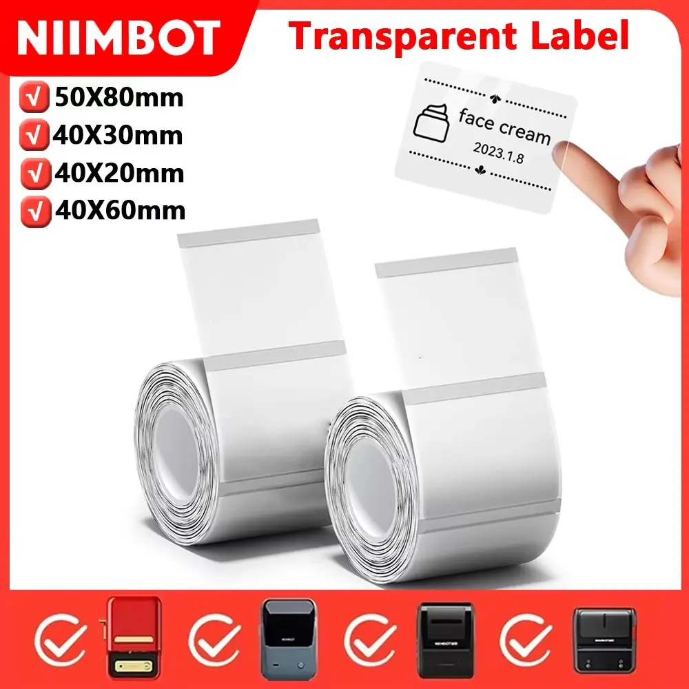 Niimbot B1 Transparent Label Stickers, Thermal Paper Labels for Portable Printers, Official Original for B1/b21/b1pro/b21pro/b2pro