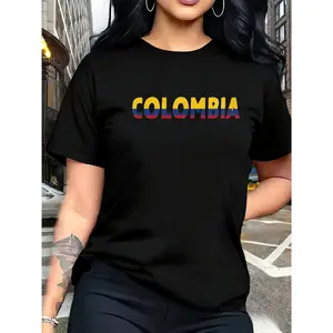 100% cotton, minimalist style T-shirt with a colorful gradient print of the Colombian flag and the text "COLOMBIA" on the round neck, suitable for those seeking individuality and a natural style