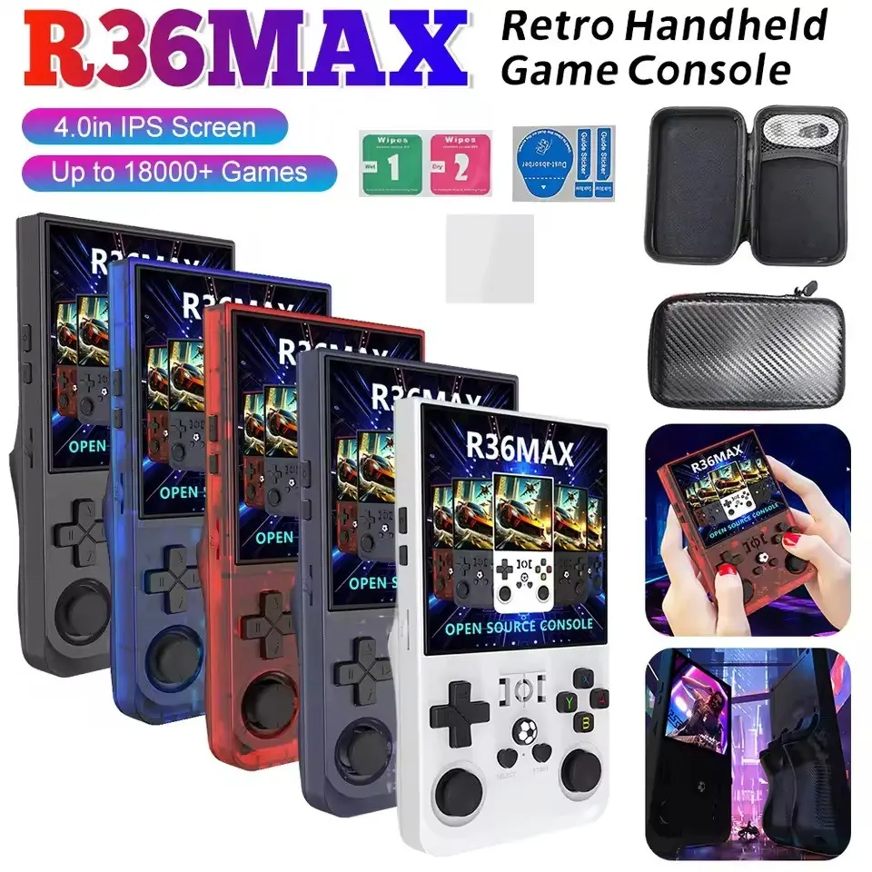 R36Max handheld game console, Handheld Gaming Console, mini portable retro game console, 4.0-inch IPS video game player, 64GB TF card, installed 18000+games